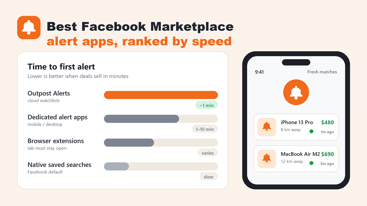 Facebook Marketplace alert tools compared by speed, with Outpost Alerts cloud watchlists ranked fastest