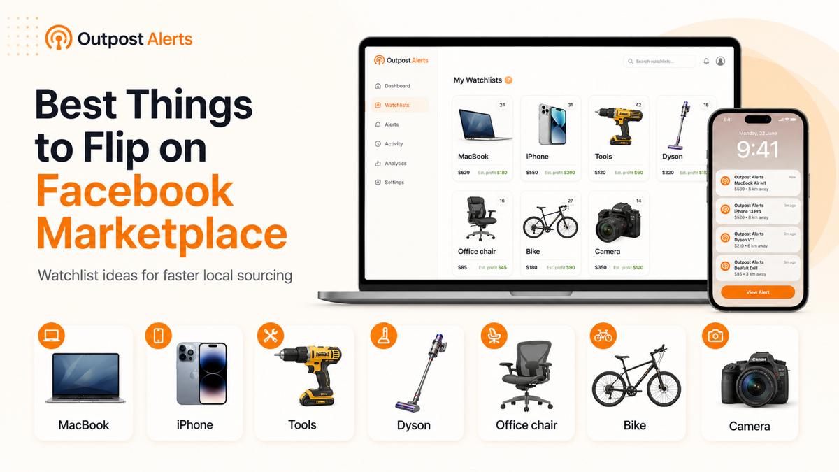 Outpost Alerts watchlists for profitable Facebook Marketplace flip categories including laptops, phones, tools, bikes, and cameras