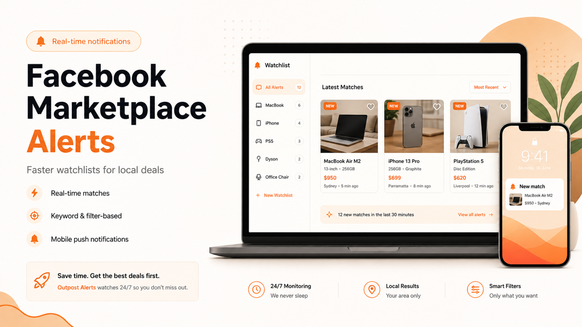 Outpost Alerts watchlist dashboard with fresh Facebook Marketplace alert matches