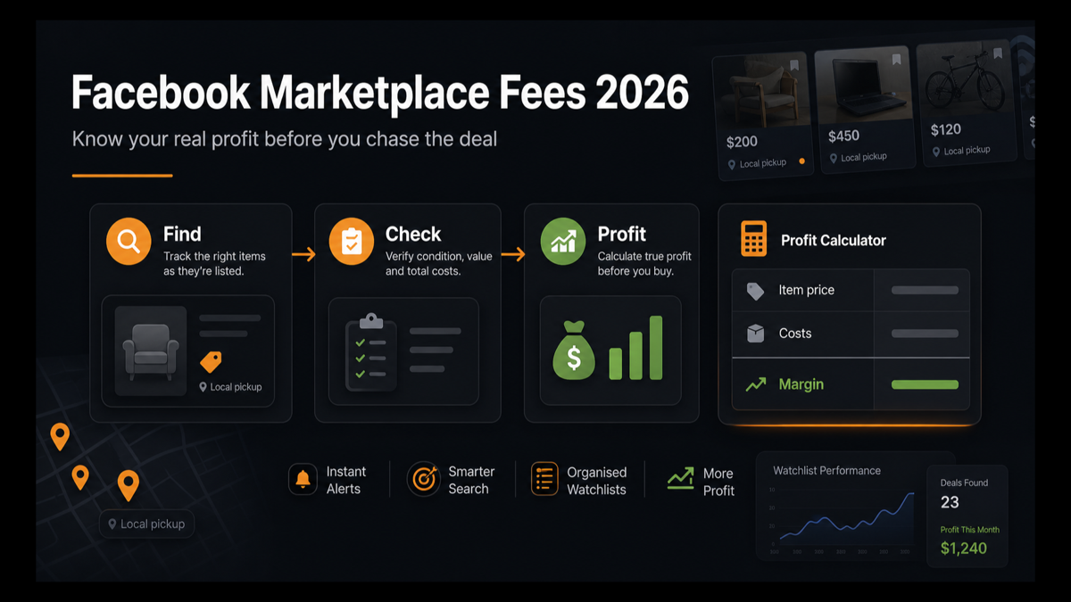 Outpost Alerts profit workflow for Facebook Marketplace fees, item costs, and reseller margin checks