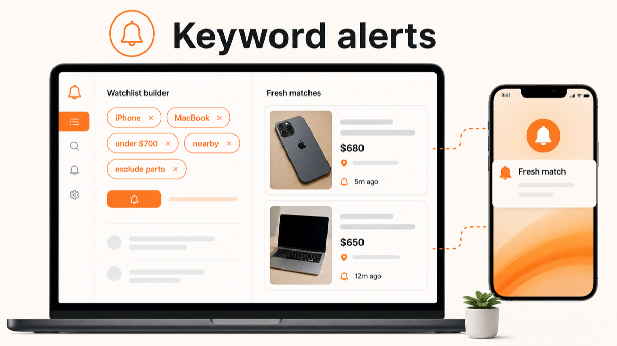 Outpost Alerts keyword alert watchlist builder with fresh Marketplace match notifications