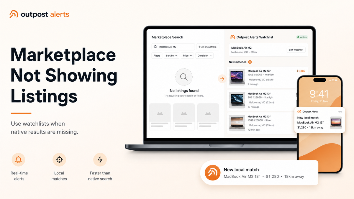 Outpost Alerts watchlist finding fresh Marketplace matches when native Marketplace shows no listings