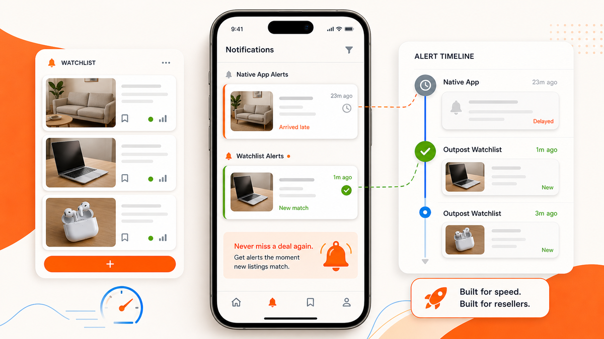 Outpost Alerts watchlist timeline comparing delayed native notifications with fresh watchlist alerts