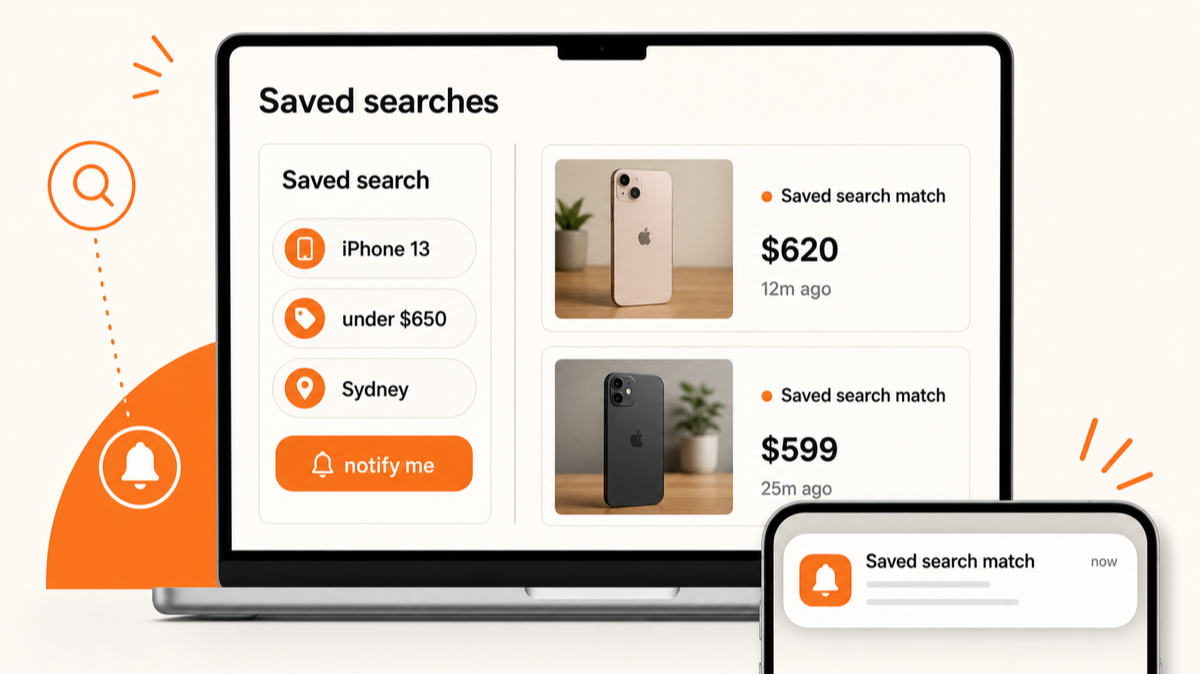 Outpost Alerts saved search watchlist interface with fresh Marketplace saved search matches