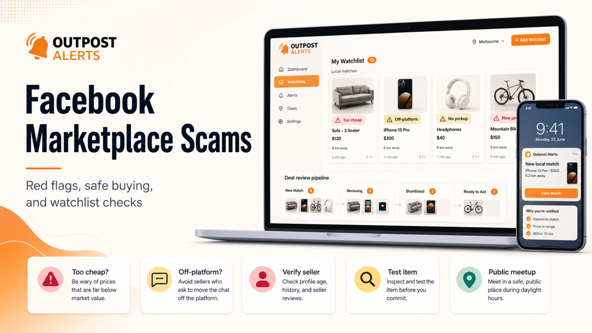 Outpost Alerts watchlist workflow with Facebook Marketplace scam red flag checks for safe local buying