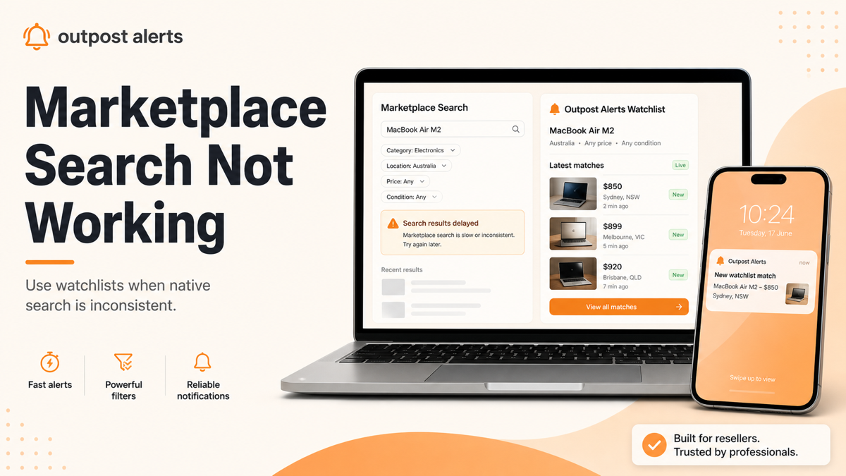 Outpost Alerts watchlist showing fresh Marketplace matches when native search results are delayed