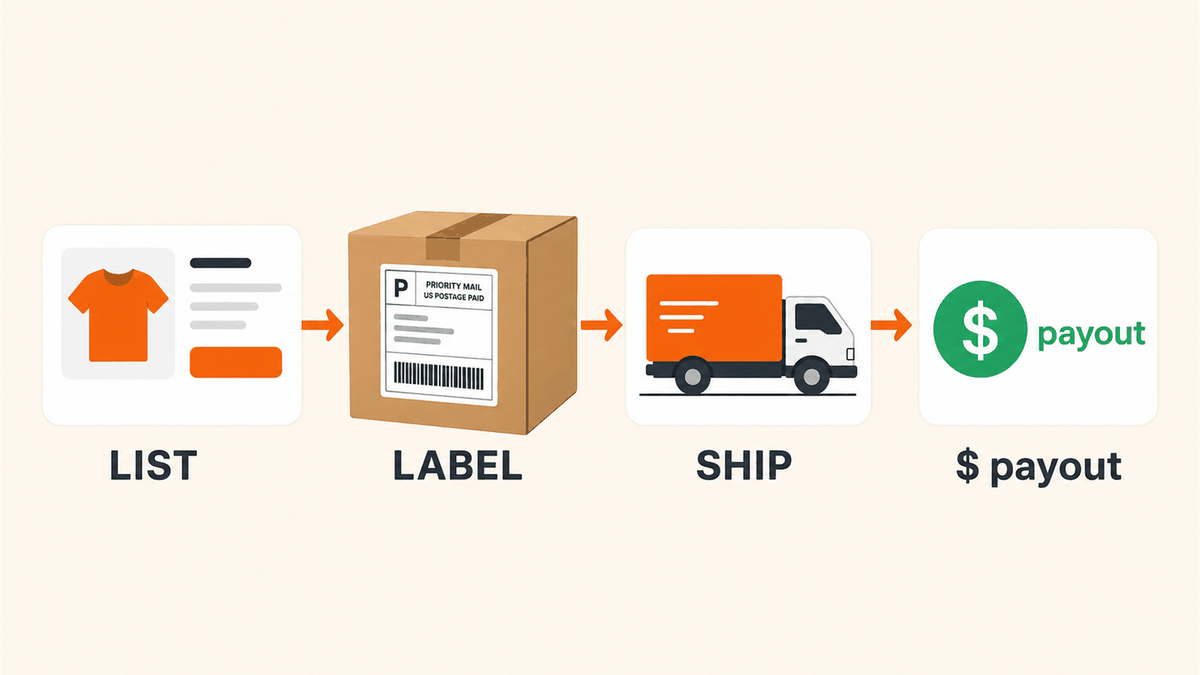 Facebook Marketplace shipping flow from listing to shipping label to delivery truck to seller payout