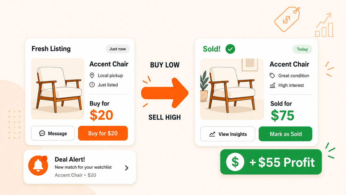 Outpost Alerts deal cards showing an accent chair bought for $20 and resold for $75, a $55 profit