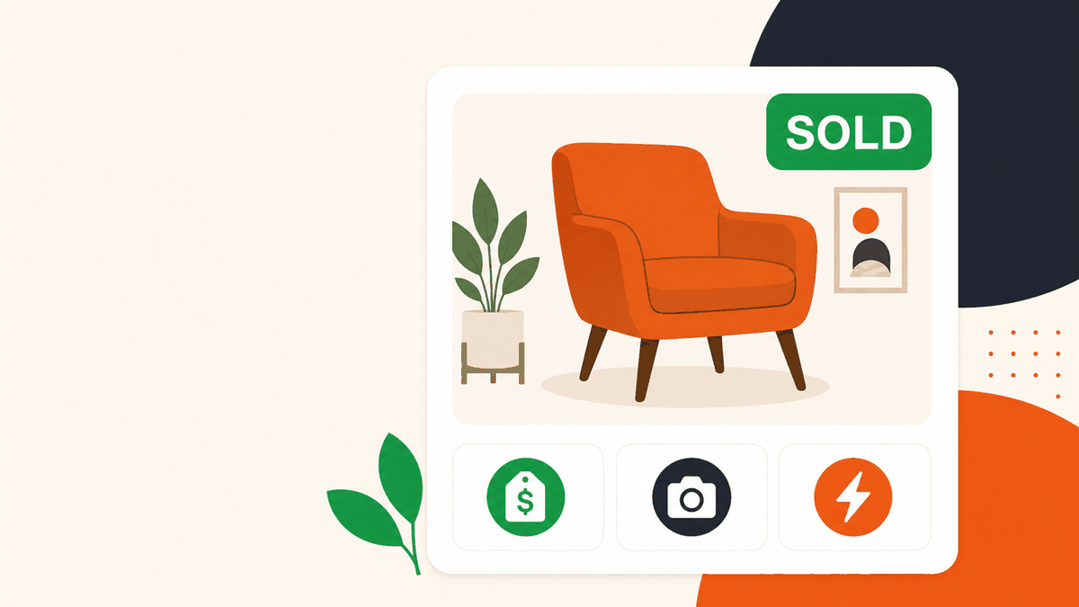 Facebook Marketplace listing card with a sold badge and icons for price, photos, and fast replies